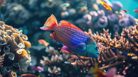 A vibrant parrotfish navigating through the coral reefs.の素材