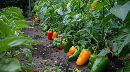 A vegetable plot with a variety of peppers, including jalapenos, bell peppers, and banana peppers.の素材