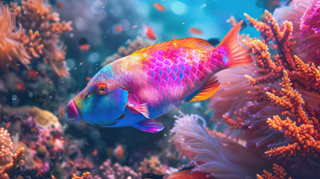 A vibrant parrotfish navigating through the coral reefs.の素材