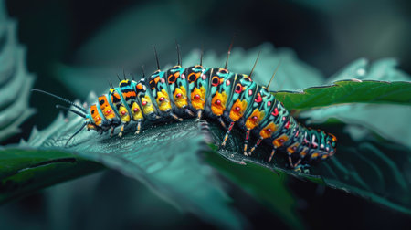A vibrant caterpillar on a green leaf, preparing for metamorphosis.の素材