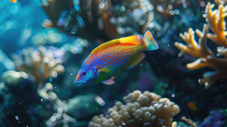 A vibrant wrasse fish swimming among the coral formations.の素材