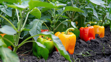 A vegetable plot with vibrant bell peppers, adding color to the garden.の素材