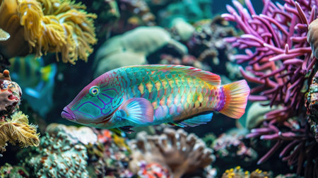 A vibrant parrotfish swimming near a coral formation.の素材