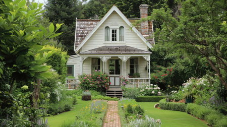 A vintage garden house with charming architectural details, set in a well-tended garden.の素材