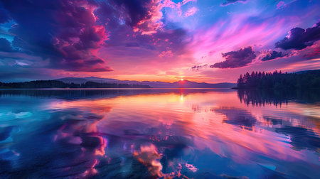 A vibrant light show reflecting off a calm lake.の素材