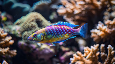 A vibrant wrasse fish swimming among the coral formations.の素材