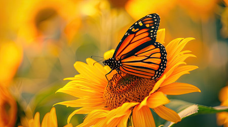A vibrant monarch butterfly perched on a bright yellow sunflower in full bloom.の素材