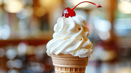 A close-up of an ice cream cone topped with a swirl of whipped cream and a cherry.の素材