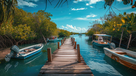 A wooden boardwalk leading to a tranquil lagoon, with boats moored along the shore.の素材