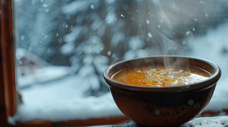 A close-up of a steaming bowl of soup with a snowy landscape visible through the window.の素材