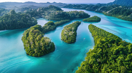 Aerial view of a pristine lagoon with winding waterways and lush islands.の素材