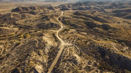 Aerial view of a desert with scattered vegetation and winding trails.の素材