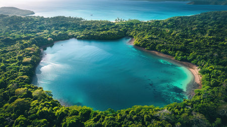 Aerial view of a horseshoe-shaped lagoon surrounded by lush forest and pristine beaches.の素材