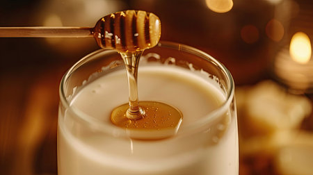 A close-up of a glass of milk with a honey dipper drizzling honey into it.の素材