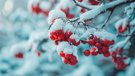 A close-up of snow-capped berries on a bush, adding a pop of color to the white landscape.の素材
