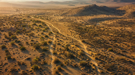 Aerial view of a desert with scattered vegetation and winding trails.の素材