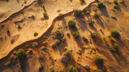 Aerial view of a desert with winding sand dunes and sparse vegetation.の素材