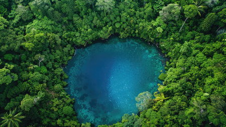 Aerial view of a hidden lagoon nestled in a dense rainforest, showing the vibrant blue water.の素材