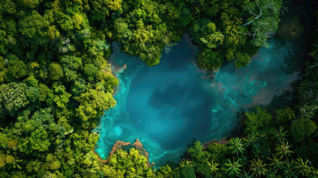 Aerial view of a hidden lagoon nestled in a dense rainforest, showing the vibrant blue water.の素材