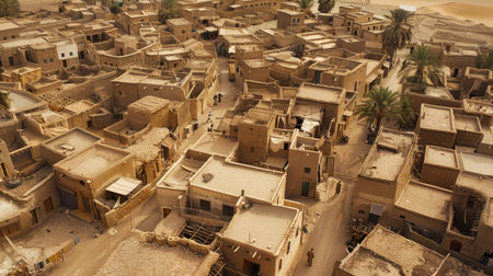 Aerial view of a desert village with mud-brick houses and narrow streets.の素材