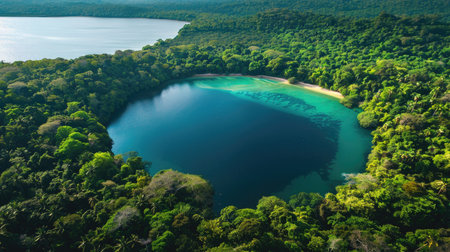 Aerial view of a horseshoe-shaped lagoon surrounded by lush forest and pristine beaches.の素材