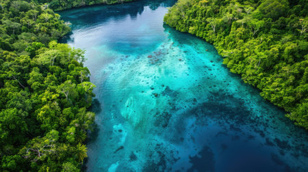 Aerial view of a lagoon surrounded by dense forest and clear, blue water.の素材