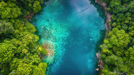Aerial view of a lagoon surrounded by dense forest and clear, blue water.の素材