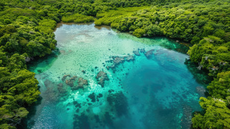 Aerial view of a lagoon surrounded by dense forest and clear, blue water.の素材