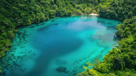 Aerial view of a lagoon with vibrant turquoise water and lush green surroundings.の素材