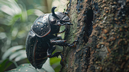 A close-up of a rhinoceros beetle climbing a tree trunk in a tropical forest.の素材