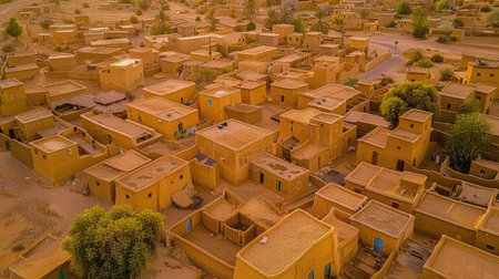Aerial view of a desert village with mud-brick houses and narrow streets.の素材