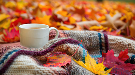 A cozy fall scene with a cup of hot cider, a warm blanket, and colorful leaves.の素材