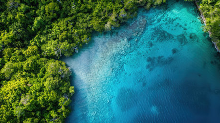 Aerial view of a lagoon surrounded by dense forest and clear, blue water.の素材