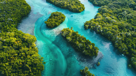 Aerial view of a pristine lagoon with winding waterways and lush islands.の素材