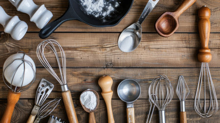 A close-up of an assortment of baking utensils including a whisk, spatula, and measuring cups on a wooden background.の素材