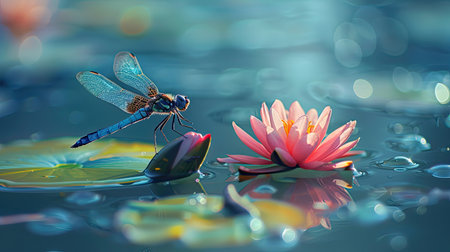 A colorful dragonfly sitting on a lily pad in a serene pond.の素材
