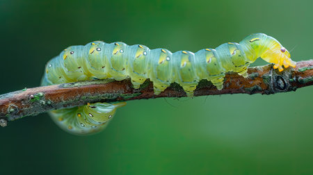 A close-up of an inchworm moving along a branch.の素材