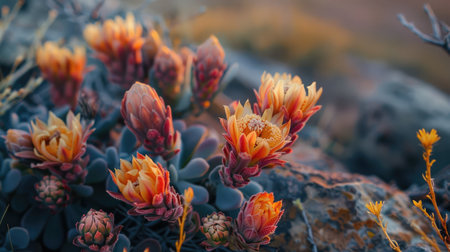 A close-up of desert flowers blooming in the harsh environment.の素材