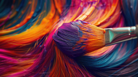 A close-up of vibrant hair dye being applied to a section of hair with a brush.の素材
