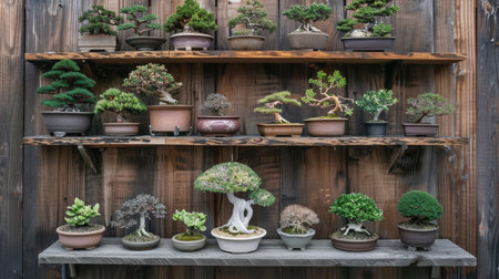 A collection of various bonsai trees in different shapes and sizes arranged on a rustic wooden shelf.の素材