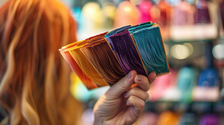 A close-up of a stylist's hand holding a hair color swatch book.の素材