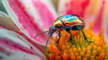 A colorful beetle exploring the petals of a bright flower.の素材