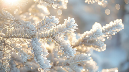 A close-up of snow-covered pine branches, glistening in the sunlight.の素材