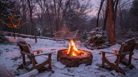 A cozy fire pit surrounded by snow, with chairs and blankets nearby.の素材