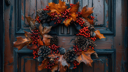 A close-up of an autumn wreath made of leaves, berries, and pinecones on a front door.の素材