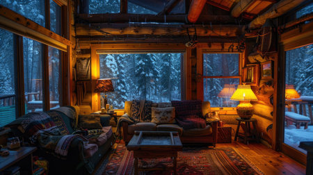 A cozy cabin with warm lights.の素材