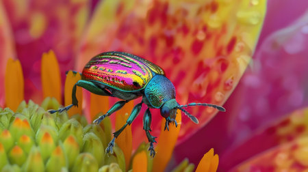 A colorful beetle exploring the petals of a bright flower.の素材