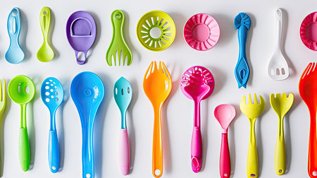 A colorful array of plastic kitchen utensils spread out on a white background.の素材