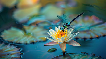 A colorful dragonfly sitting on a lily pad in a serene pond.の素材