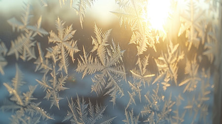 A close-up of frost patterns on a window, illuminated by soft morning light.の素材